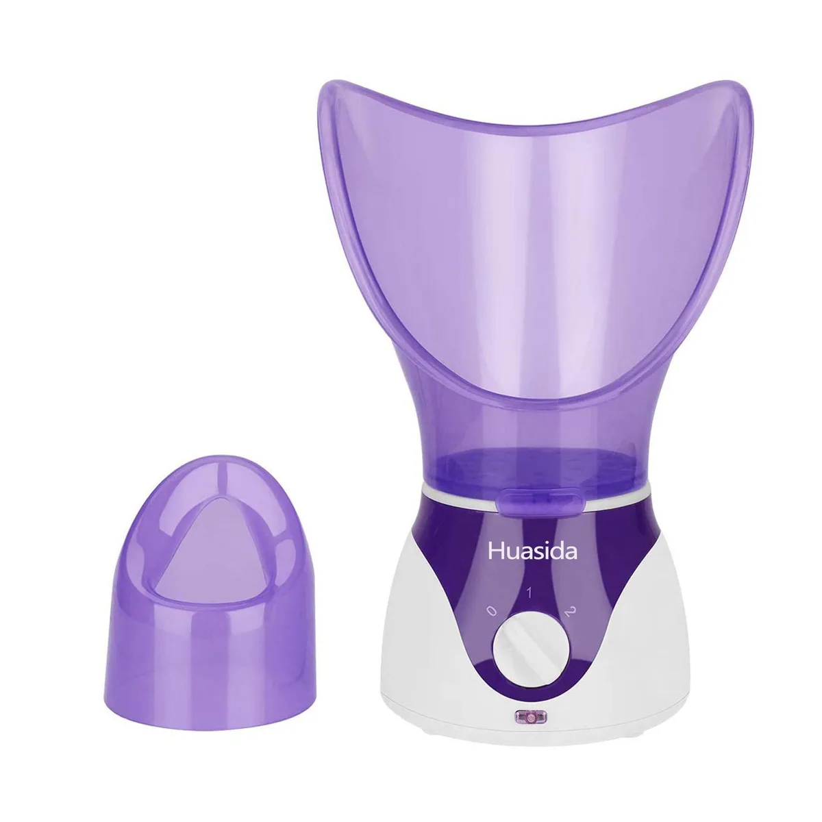 Purple corded facial steamer with full-face mask, nose attachment and measuring cup