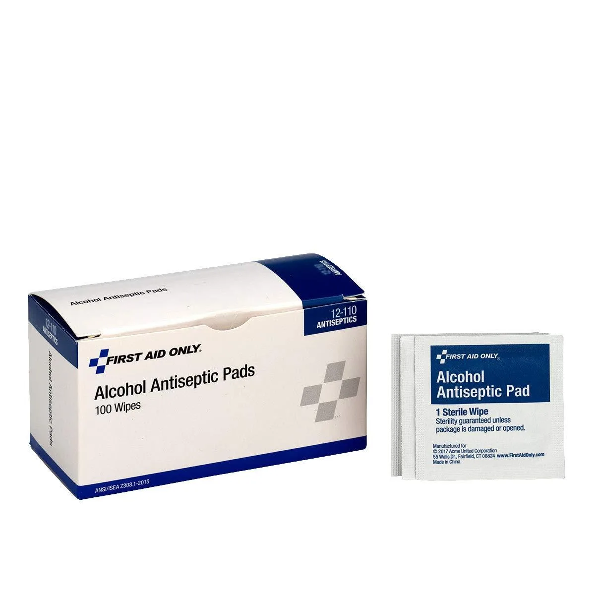 Cardboard box containing 100 individually wrapped alcohol wipes