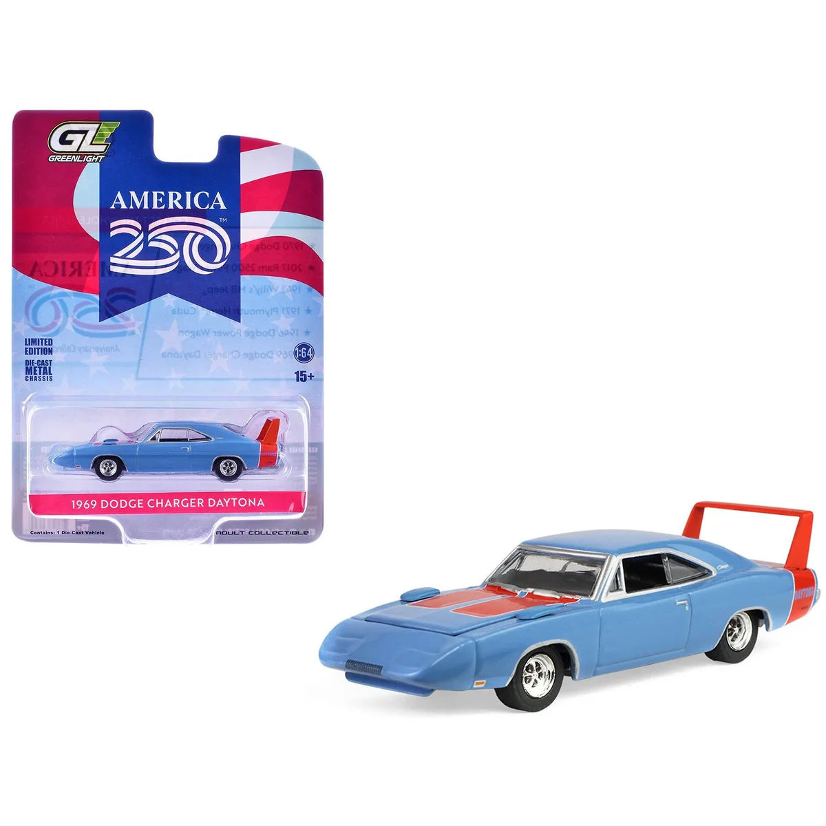 GREENLIGHT GREENLIGHT 1969 Dodge Charger Daytona Blue Red Stripes America 250 Edition 1/64 Diecast — product photo