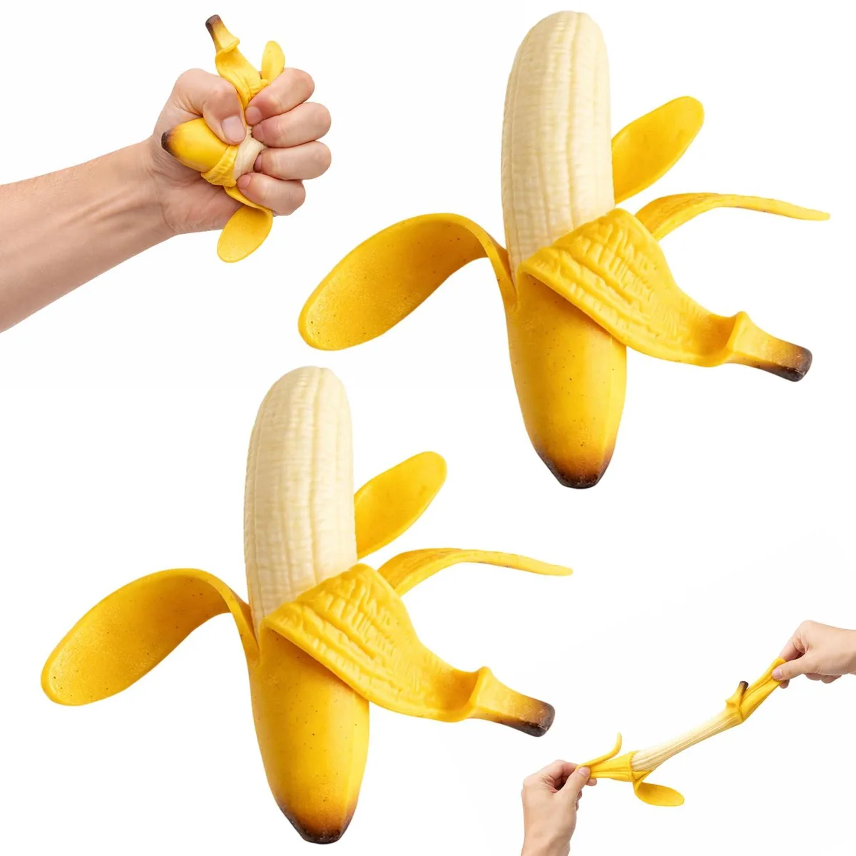 Two soft yellow plastic bananas with smooth curved shape