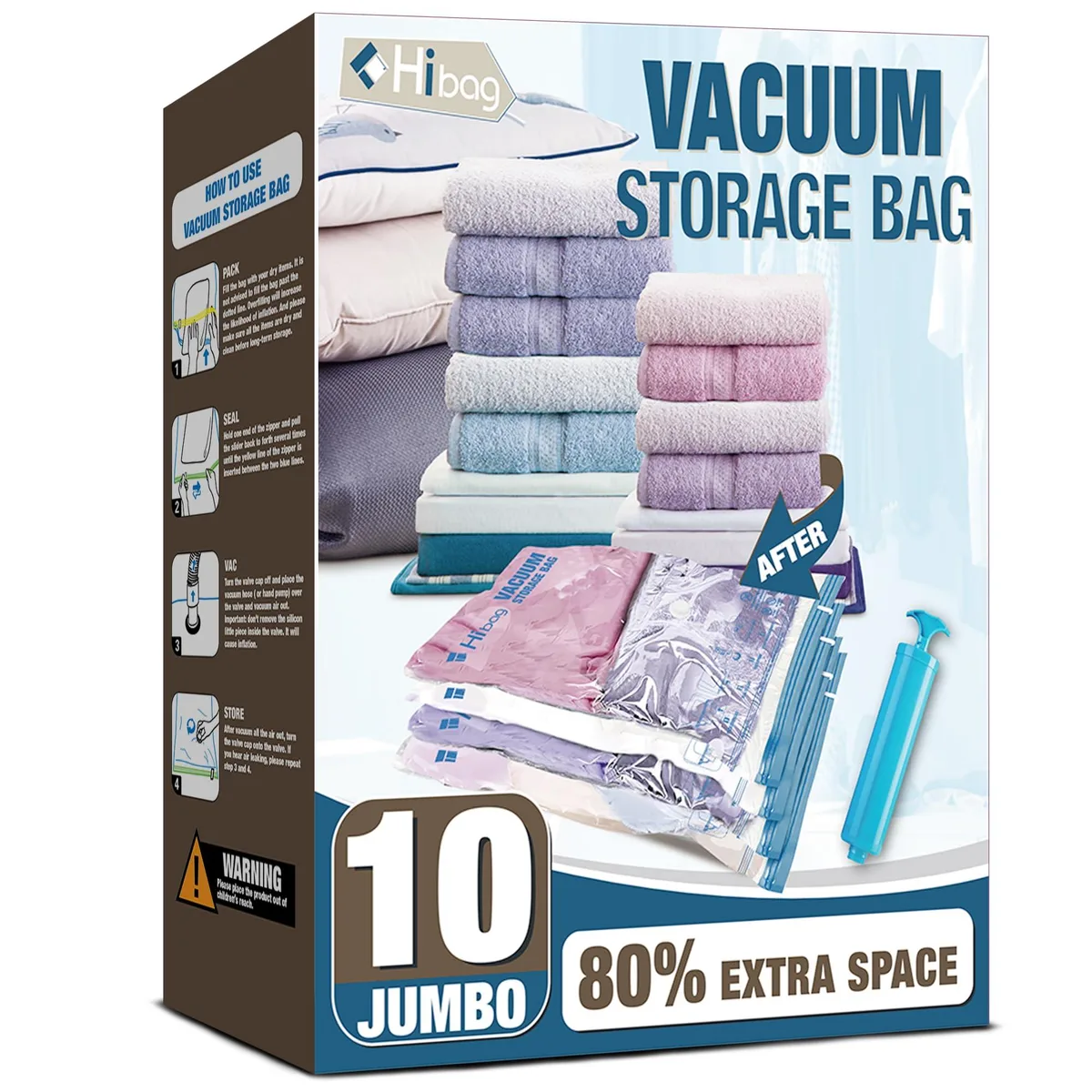 Ten red nylon vacuum storage bags with zip seals and a hand pump