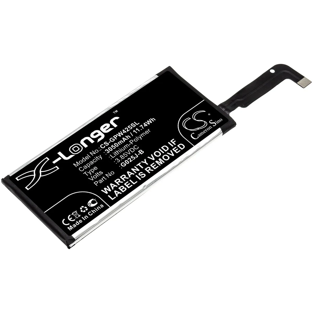 Rectangular lithium-ion phone battery, black finish, gold contacts visible