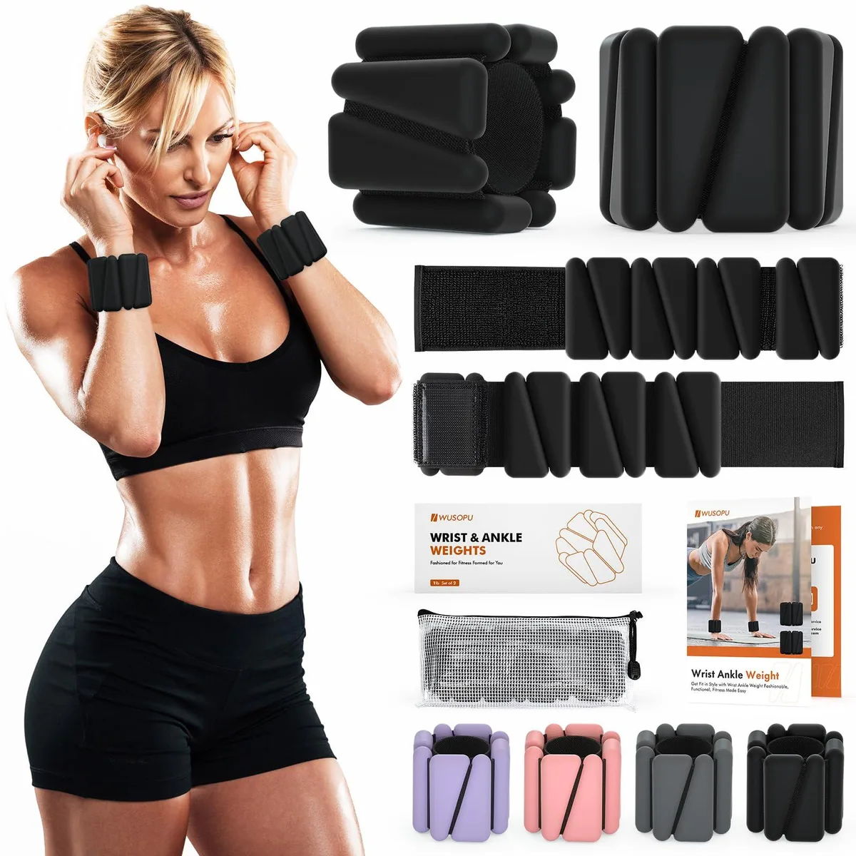 Two black silicone wrist weights with hook-and-loop straps, 1 lb each