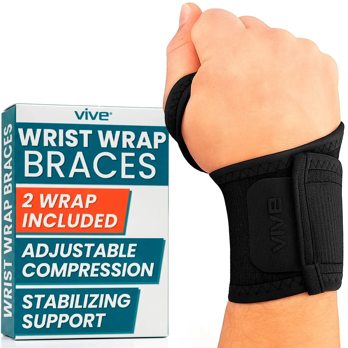 Pair of black neoprene wrist braces with adjustable straps and thumb loops