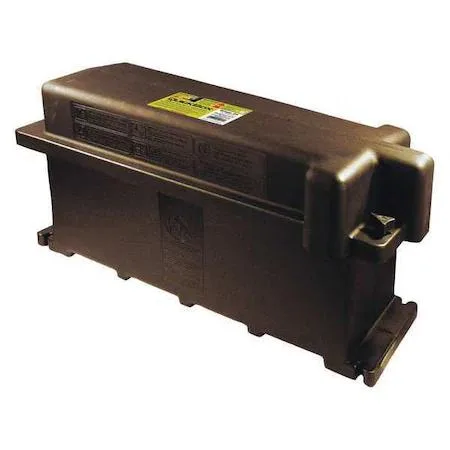 Black plastic battery box with removable lid and thumb screw closures, rectangular form factor