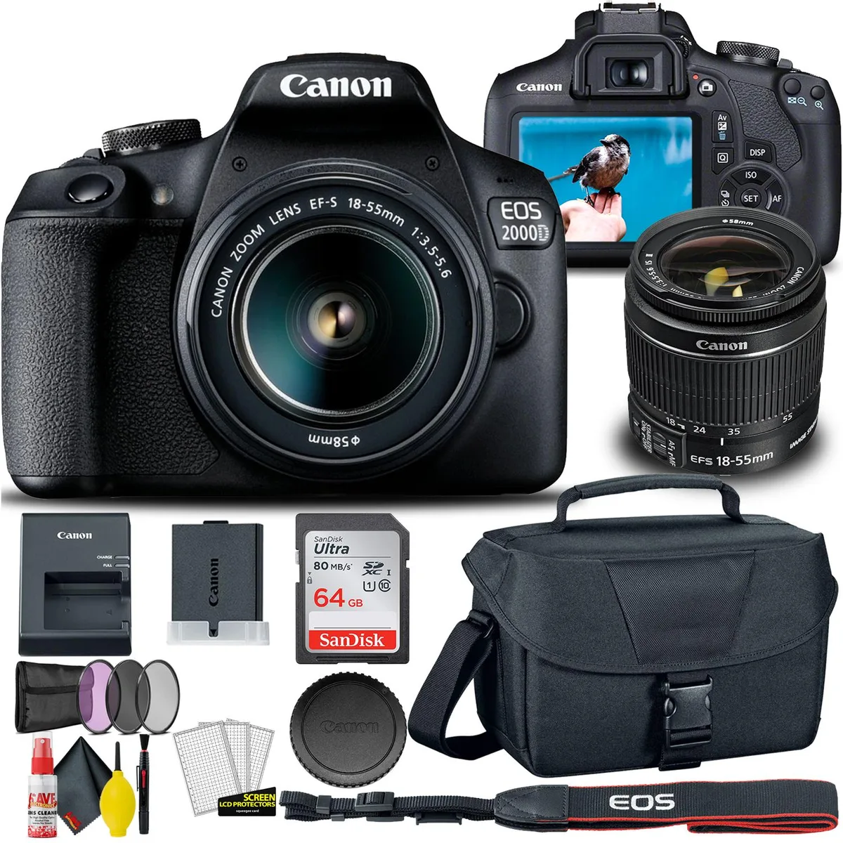 Canon Canon EOS 2000D / Rebel T7 DSLR + 18-55mm Lens 58mm Filters Starter Bundle — product photo
