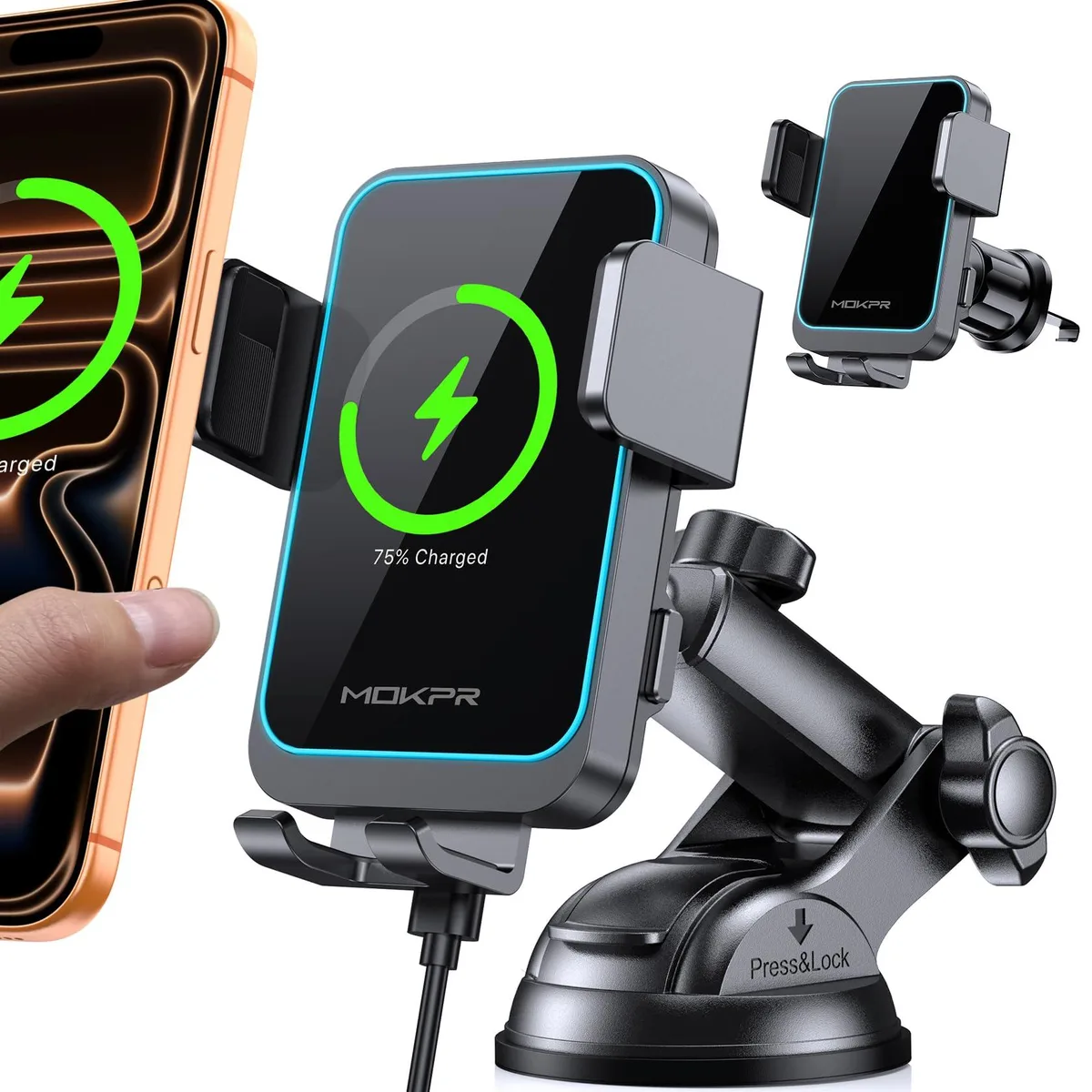  MOKPR Wireless Car Charger Auto Clamping LED Dash Windshield Air Vent — product photo