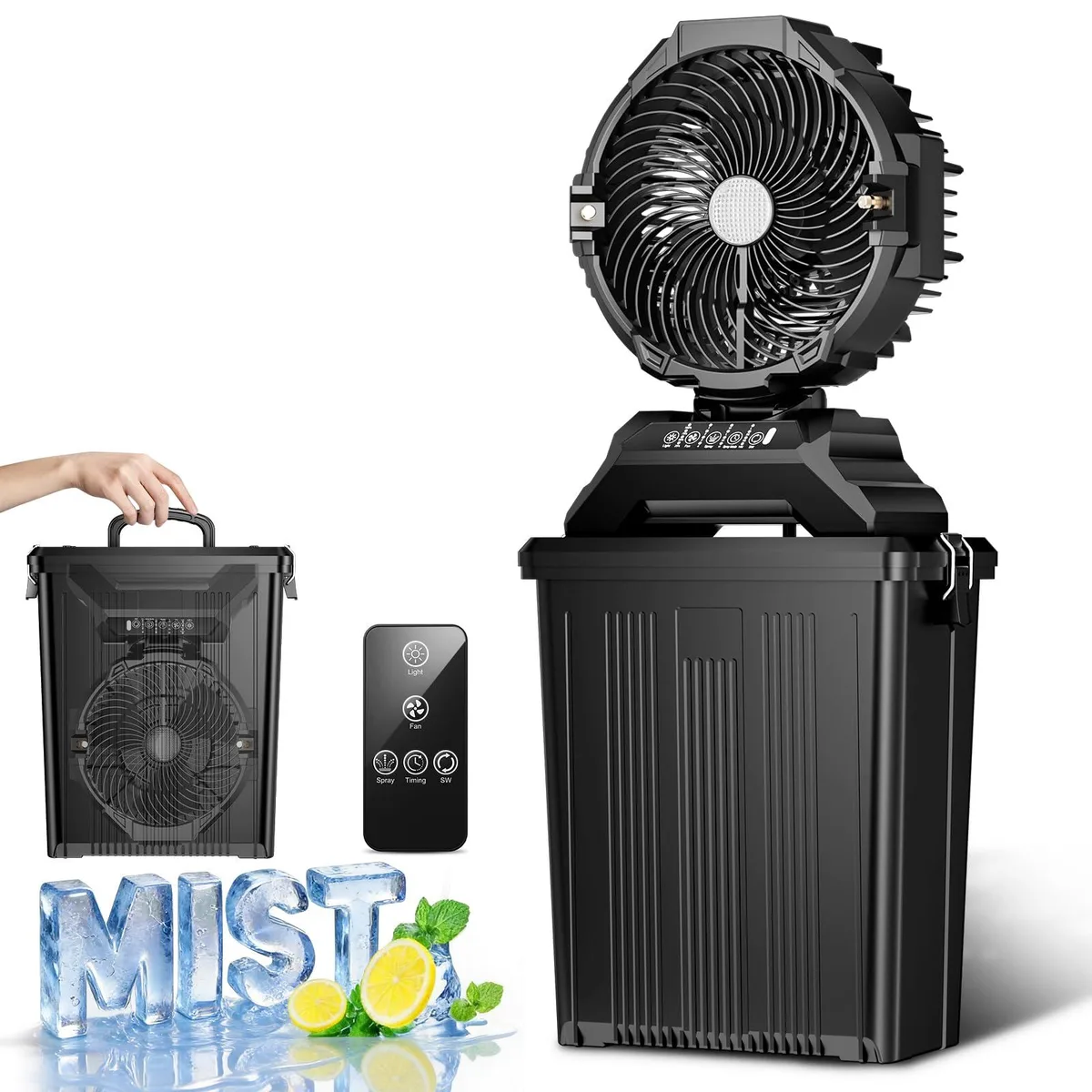 Black portable misting fan with 15L bucket, remote, 14.5 inch height