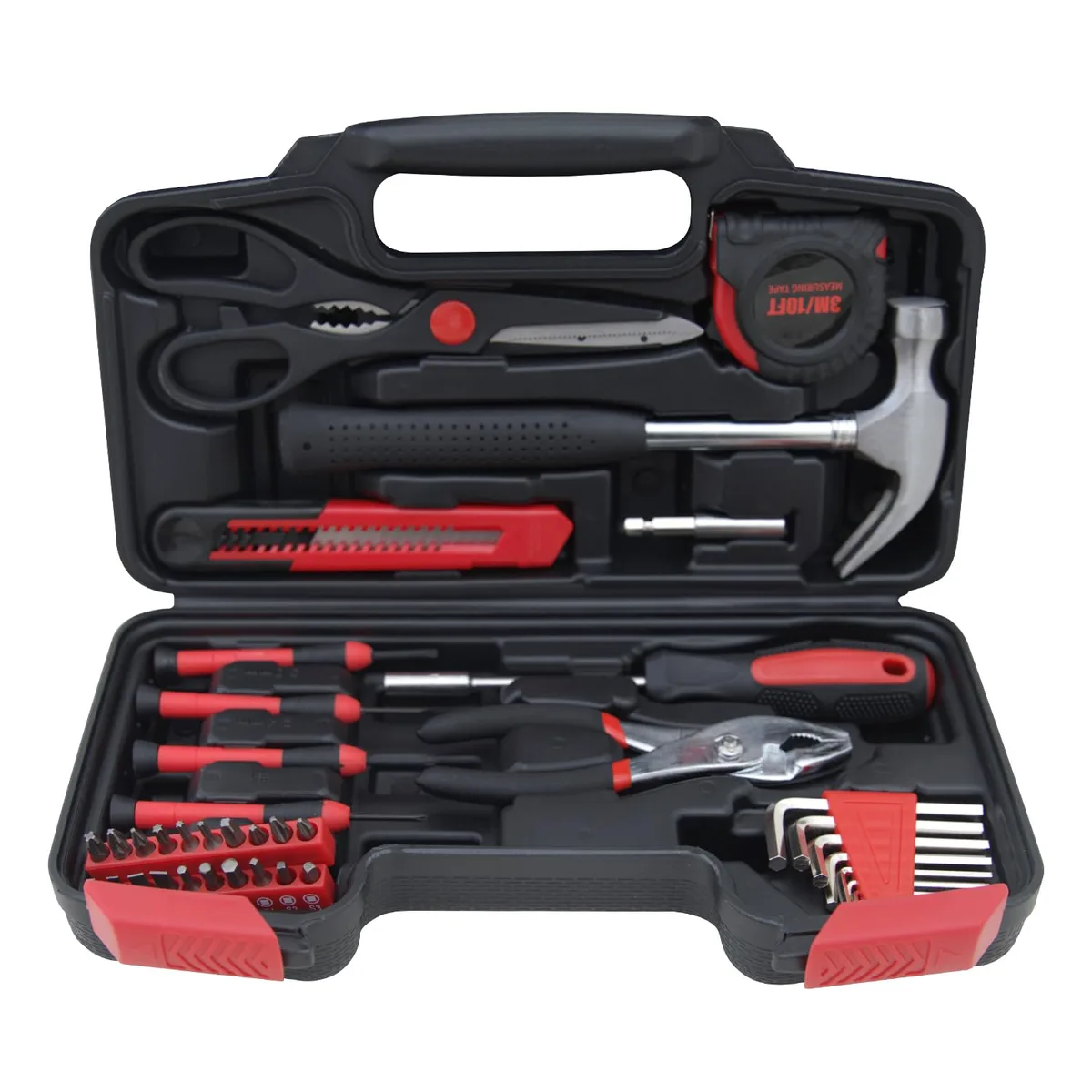 Red plastic toolbox 12.4 x 7.1 x 2.95 inches holding 39-piece tool set
