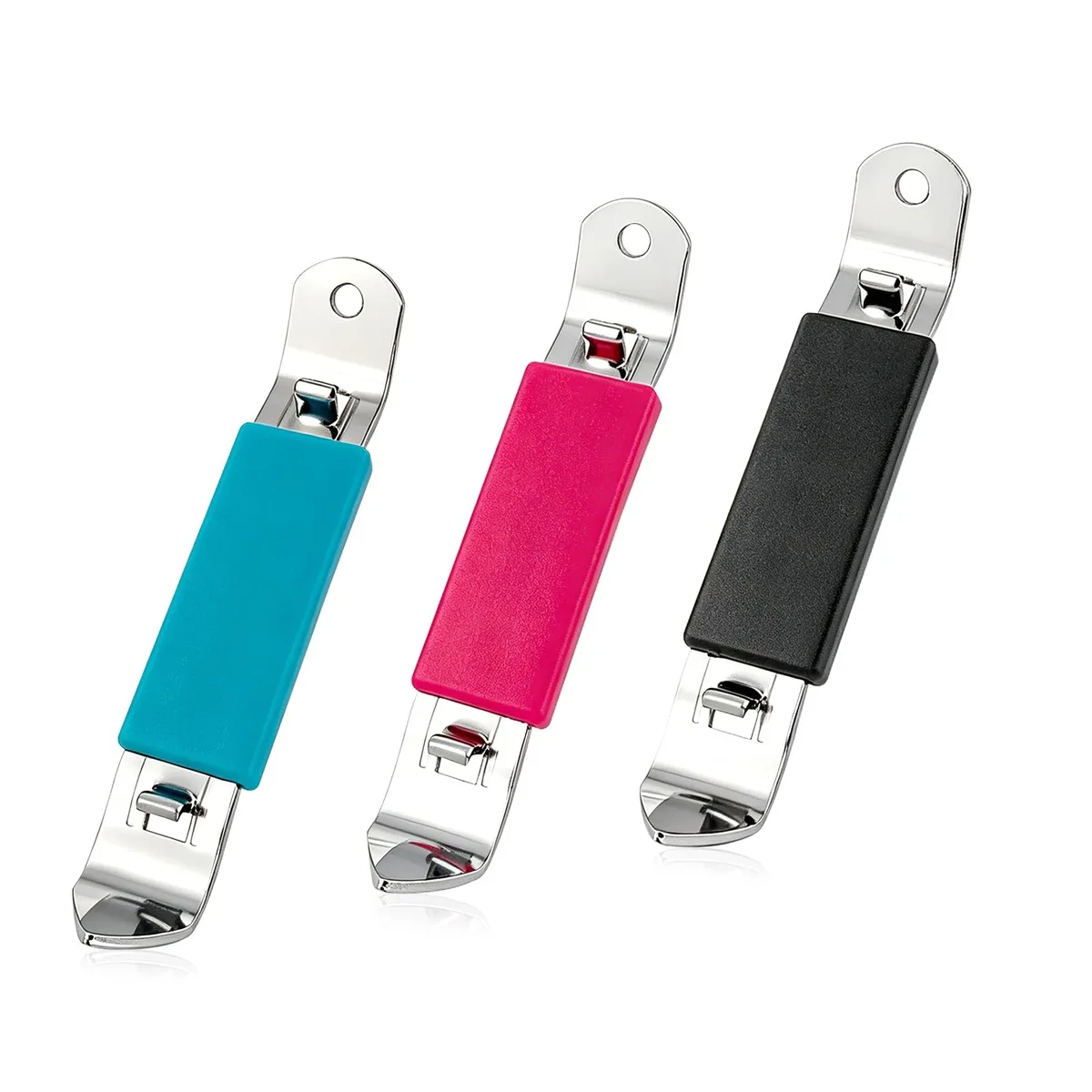 Three slim metal openers in black blue and purple with magnetic backs and plastic coating