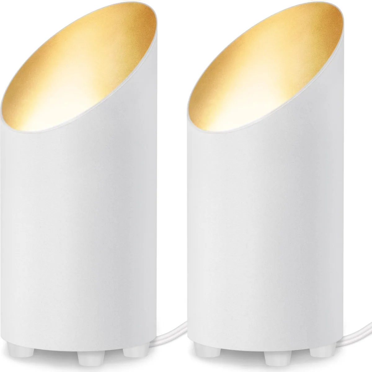 Two white cylindrical floor uplights with clear prismatic glass and a foot-switch cord