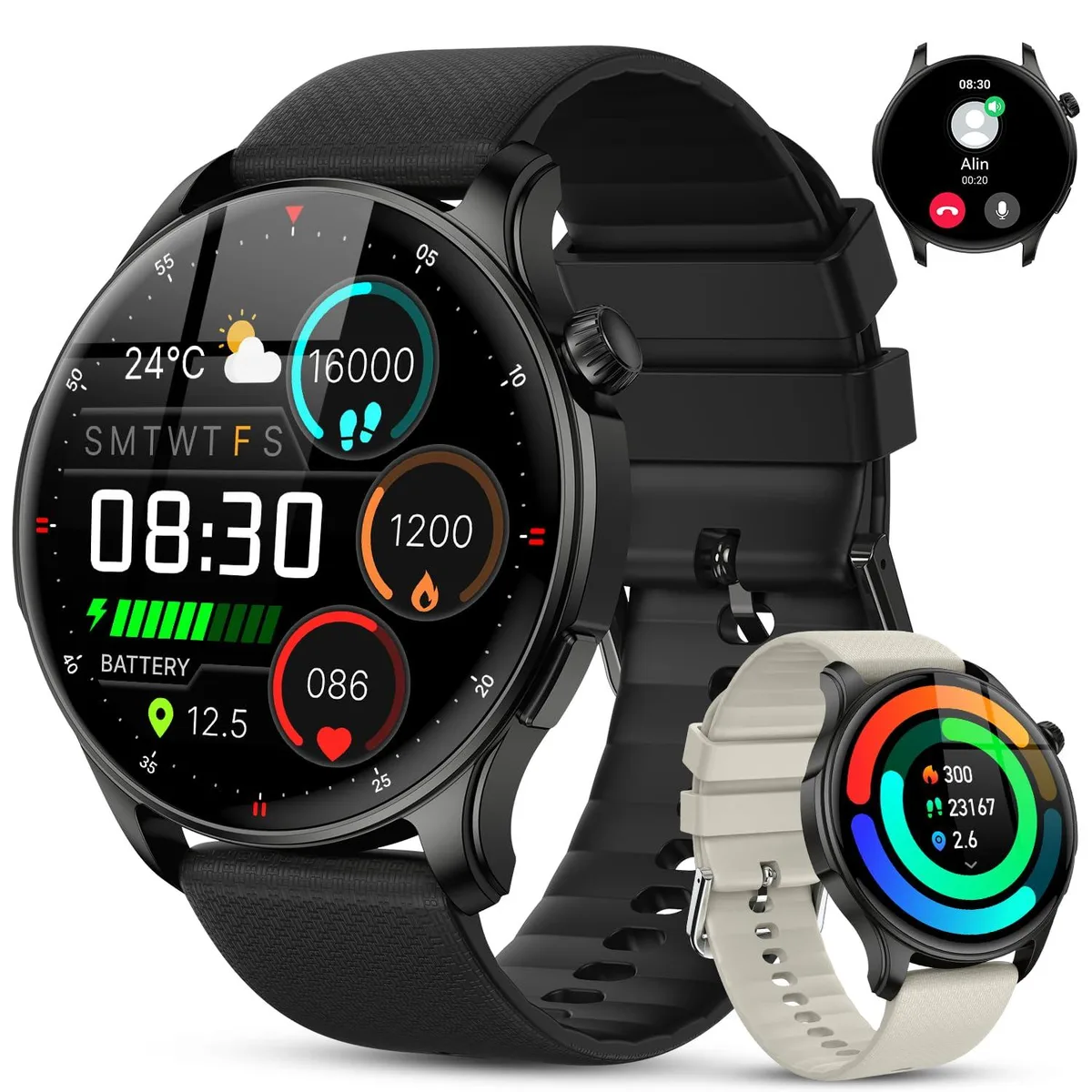 Black round smartwatch with 1.43 inch AMOLED screen and two straps