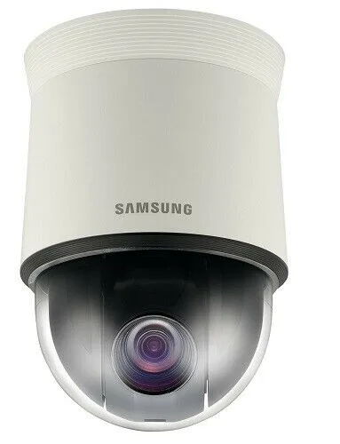 White dome security camera mounted on a ceiling bracket