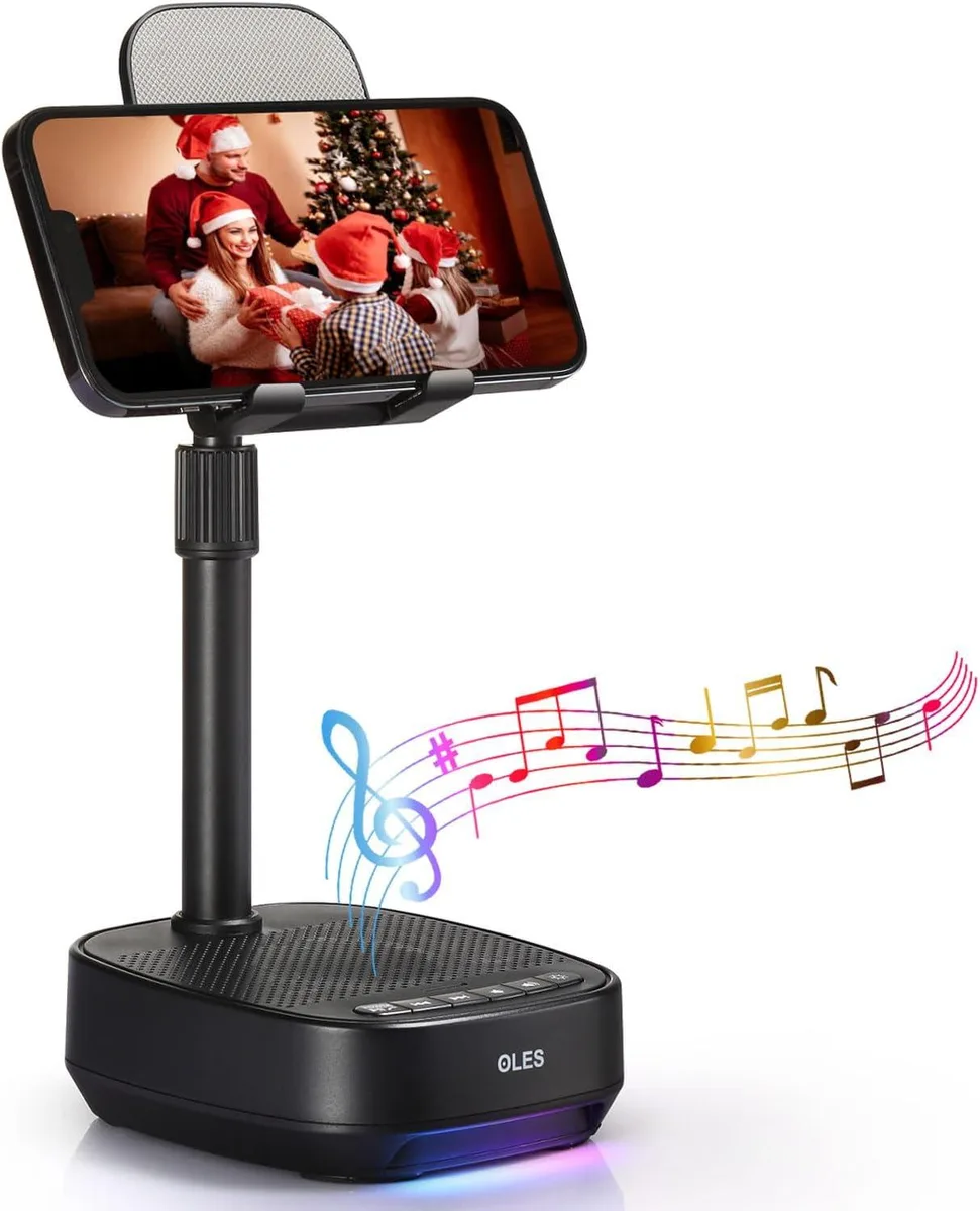 A black adjustable phone stand with built-in bluetooth 5.0 speaker and LED light ring