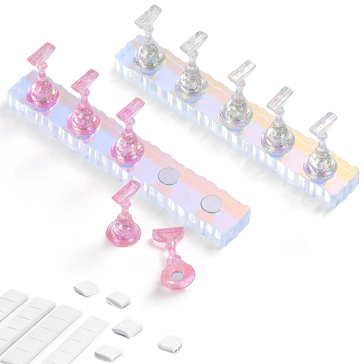 Two rectangular acrylic nail stands with magnetic chess-shaped tip holders and white adhesive putty