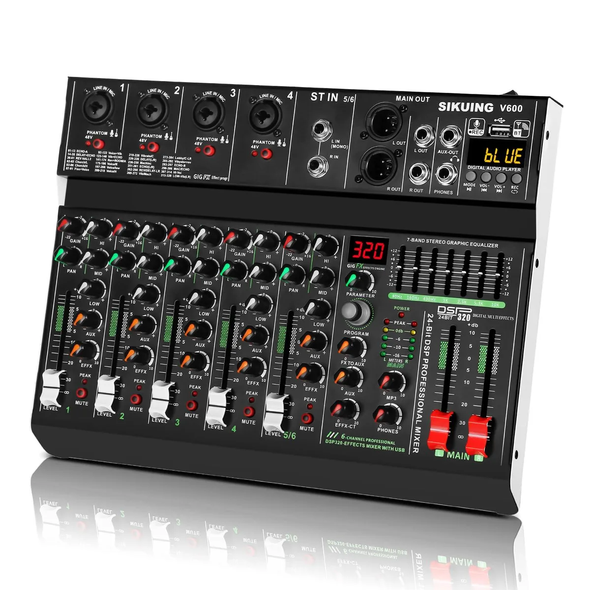  SIKUING 402VLZ4 V600 6-Channel Audio Mixer Bluetooth 5.0 320 DSP Effects 48V Phantom Power — product photo