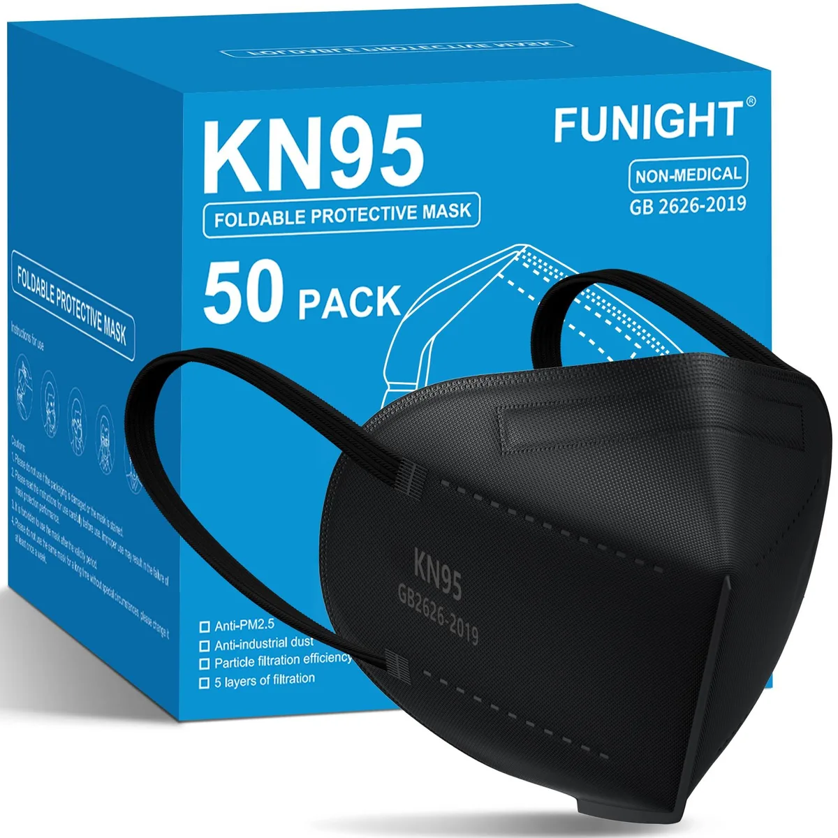 Funight KN95 Personal Protective Equipment 50 Pack 5-Ply Black — product photo