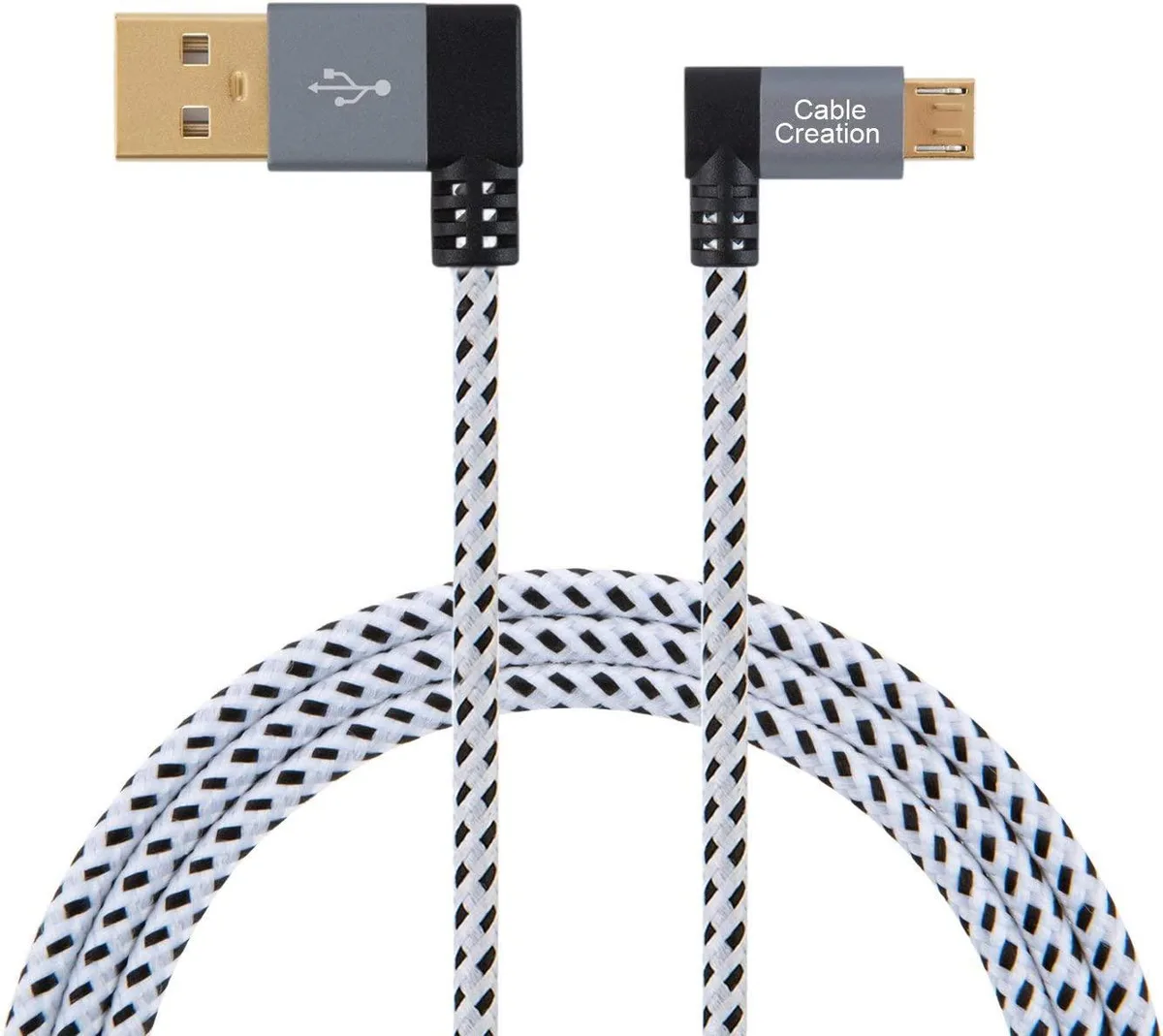 Two grey 90-degree USB 2.0 A to Micro-B cables, braided cotton jacket, aluminium connector housings, 16 ft total length