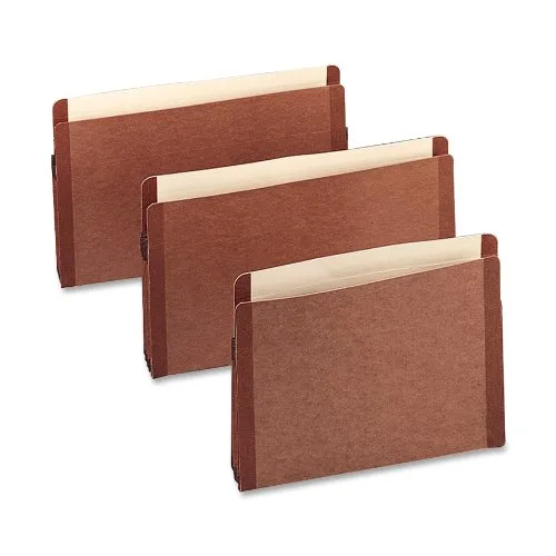 Ten red expanding file pockets with gussets standing upright