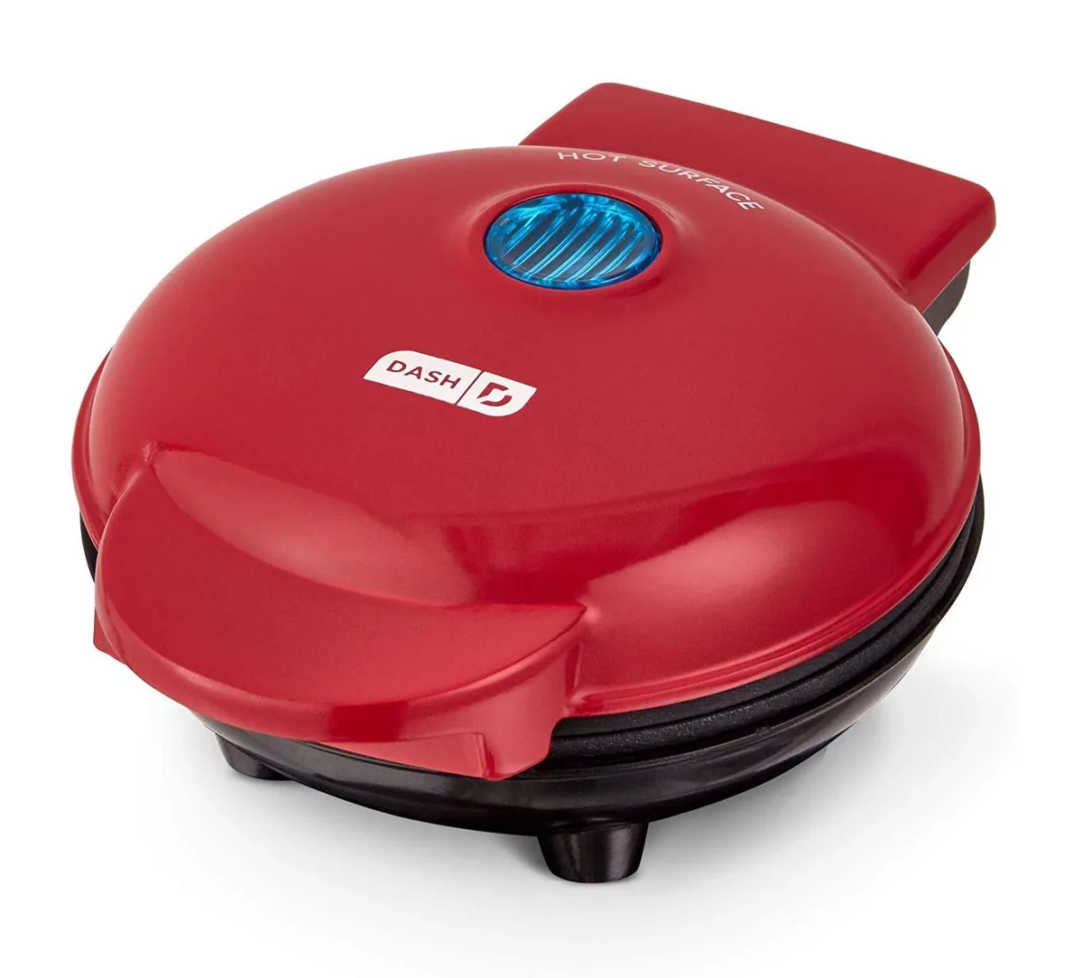 Compact red rectangular mini grill press with nonstick plates