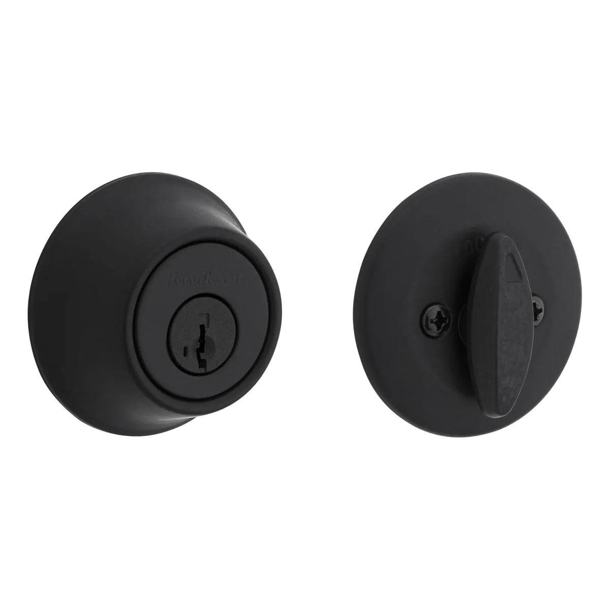 Twelve matte black single cylinder deadbolts with round exterior keyed faces