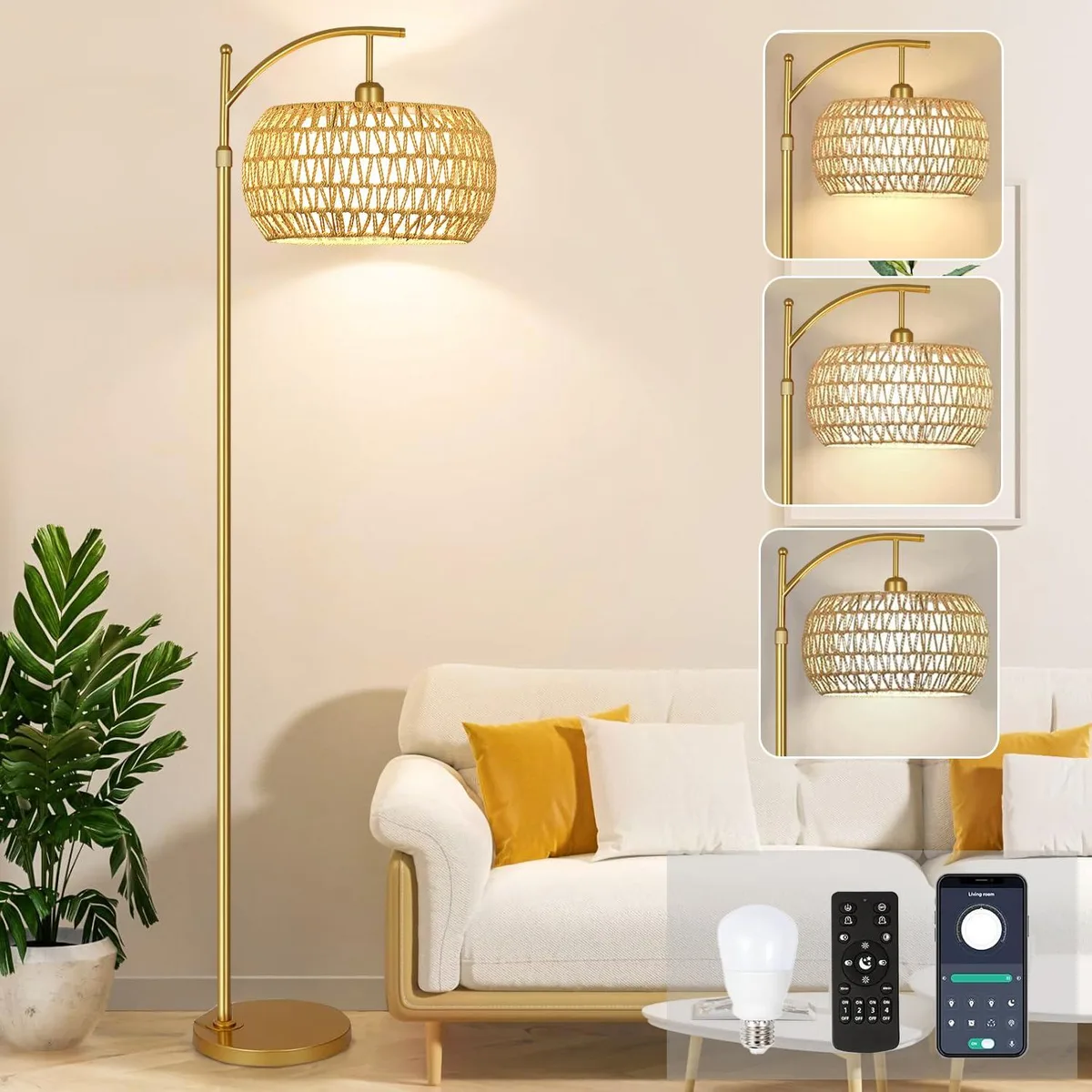 Gold arc floor lamp with rattan and linen drum shades, remote and footswitch controls