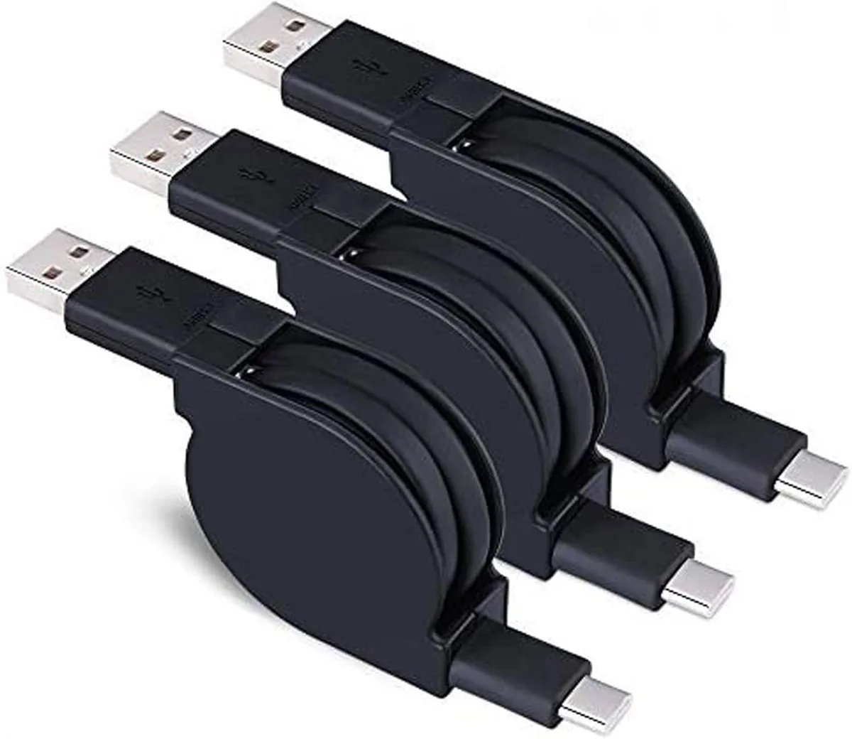 Three retractable USB-C cables in circular shells, 3.3ft each