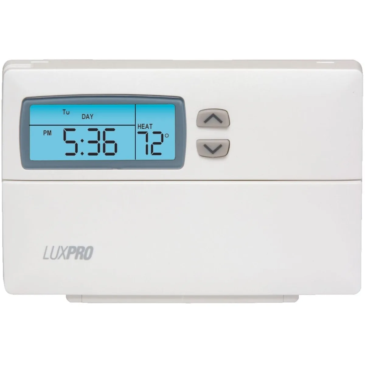 White rectangular wall thermostat with backlit display and mechanical knob, twelve units shown