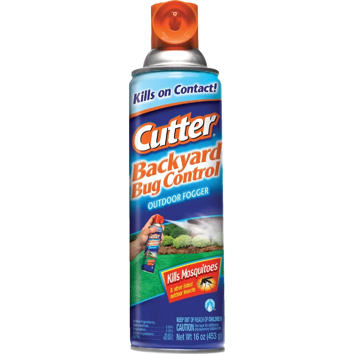 A 16 oz transparent aerosol spray can for outdoor bug control