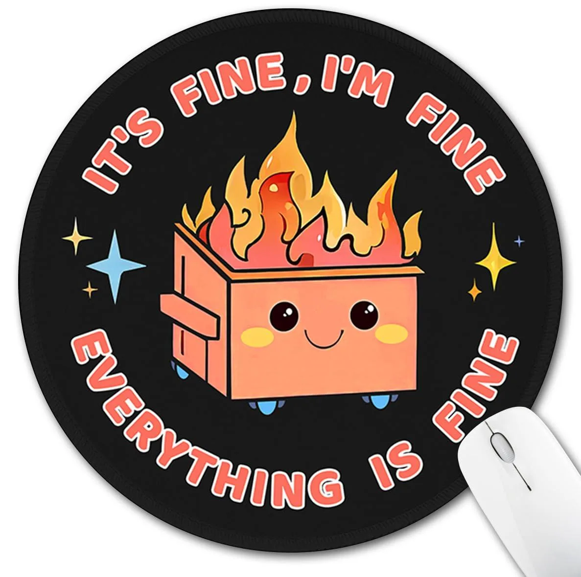 Orange round mouse pad with dumpster fire cartoon, 8.6 in diameter, thin rubber base