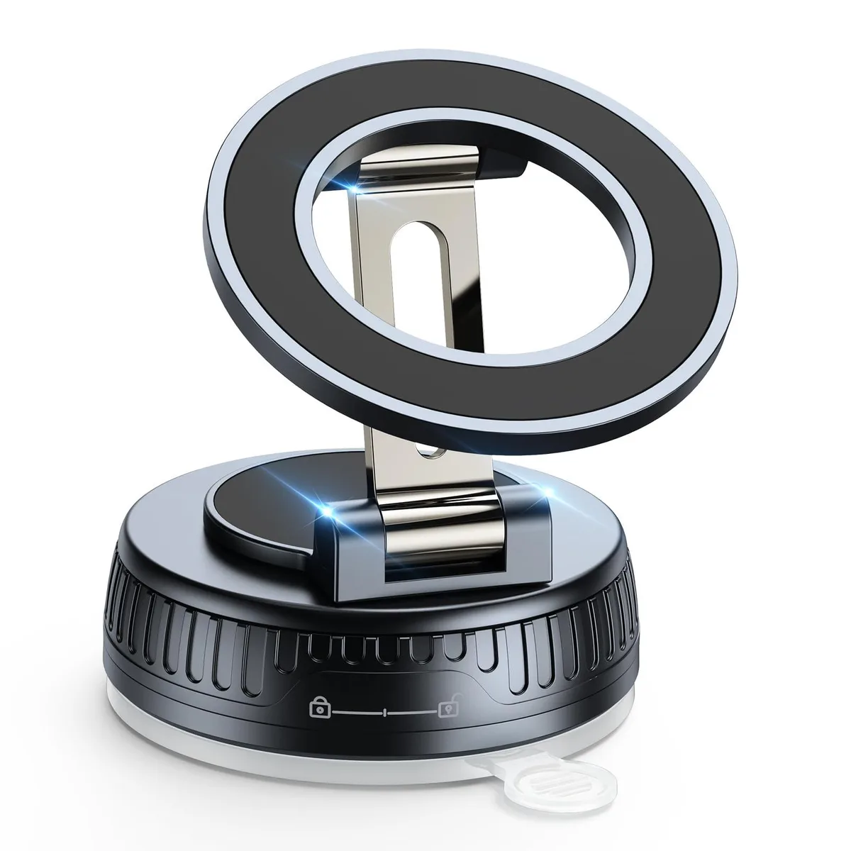 Magnetic phone mount with carbon-fibre finish, suction base and folding arm