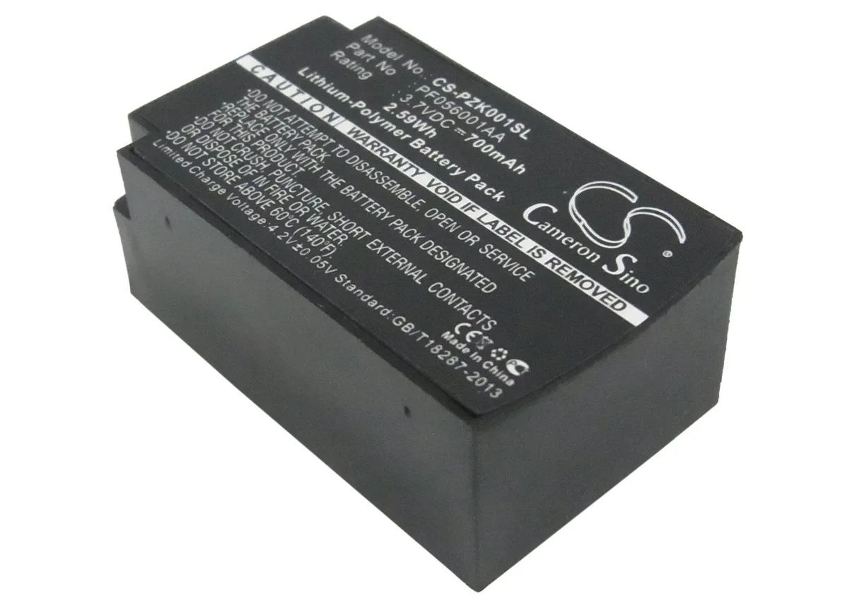 Small rectangular lithium-ion battery with gold contacts, matte black finish, 37 by 22 by 14.83 millimetres