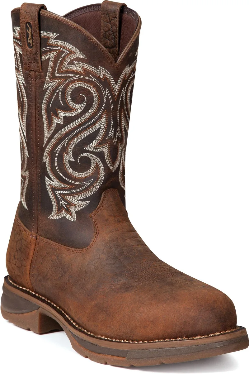 Brown leather work boot with composite toe and pull tabs
