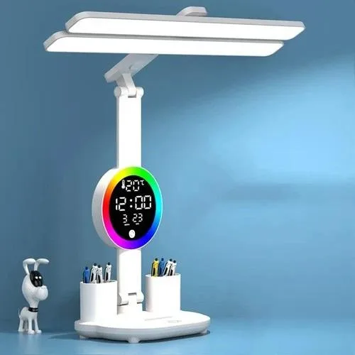 Black foldable desk lamp with frosted light bar, wireless charging pad, clock display and pen holder