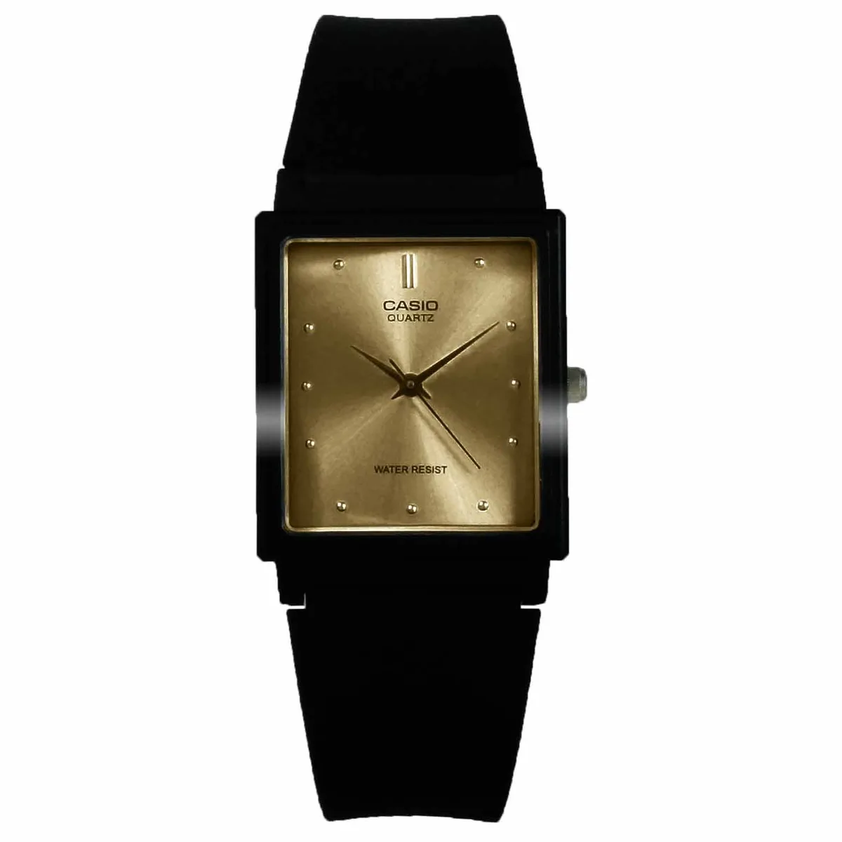 Black rectangular gold-dial watch on slim strap