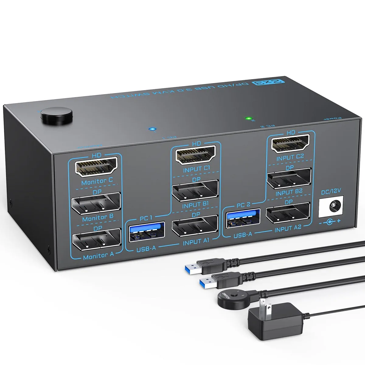  Club3D KVM203DH-003 3-monitor KVM switch 2 PCs 2 DP 1.4 1 HDMI 2.1 USB 3.0 wired remote — product photo