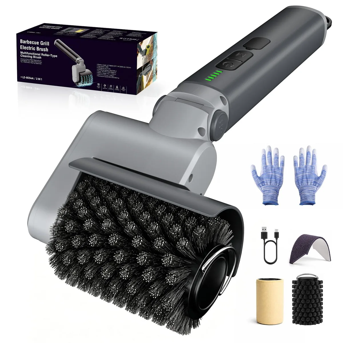 Light gray cordless grill brush with adjustable head and interchangeable brush heads