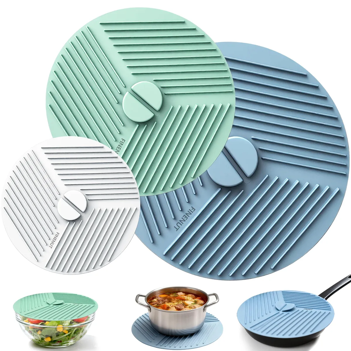 Three flexible silicone lids in graduated sizes, matte finish, stacked together