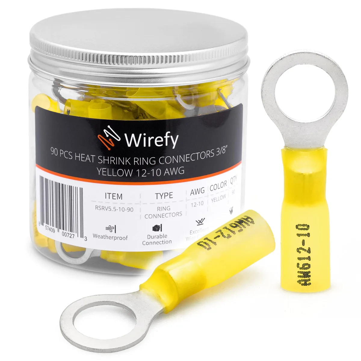 Yellow heat-shrink ring terminals in bulk pack, 10-12 AWG, 90 pieces