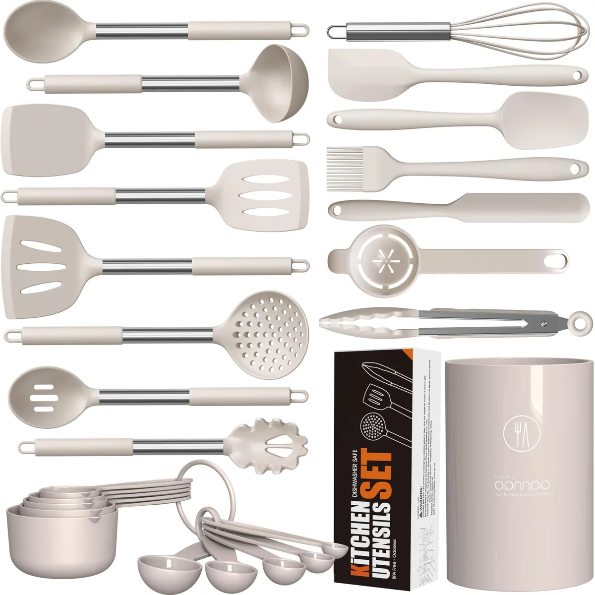 Khaki 18-piece silicone utensil set in countertop holder