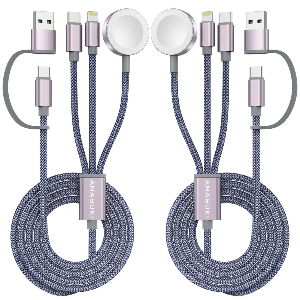 Grey 3-in-2 USB-C multi charging cable with Apple Watch and Lightning connectors, 6ft length