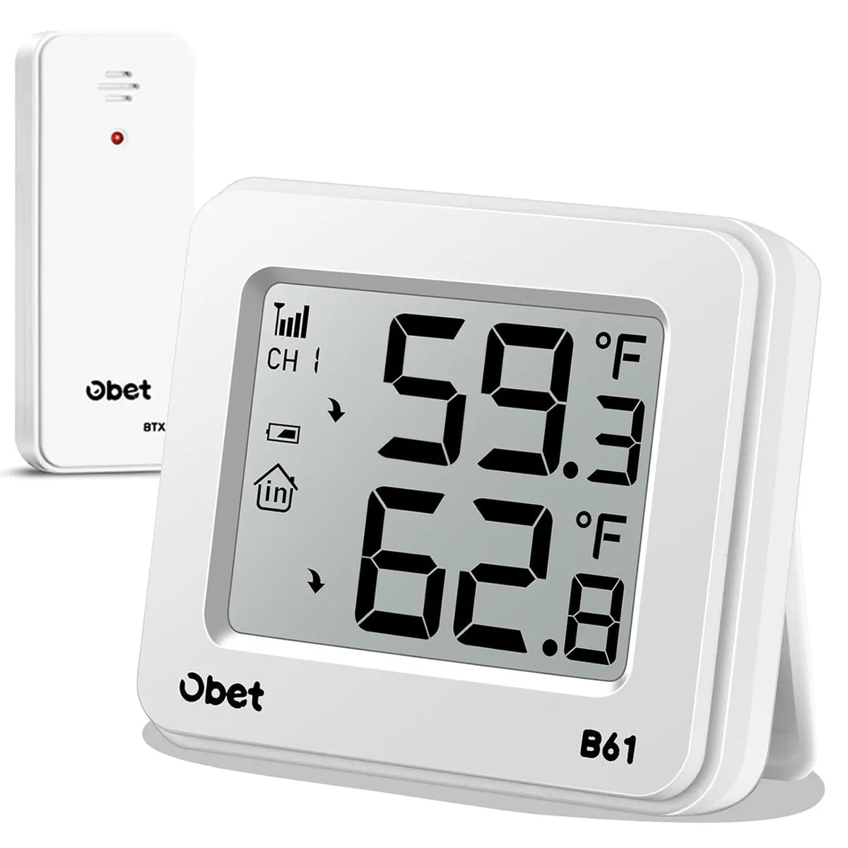 White rectangular wireless thermometer base unit with black display text and separate remote sensor