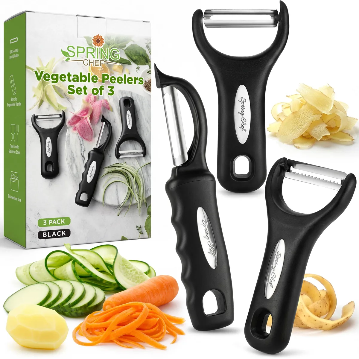 Three kitchen peelers with soft-grip handles and blade covers