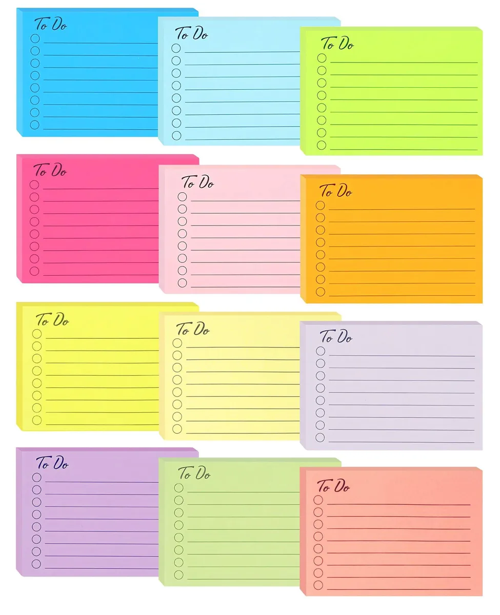 Twelve rectangular lined sticky-note pads in assorted bright colours, 3 by 4 inches each