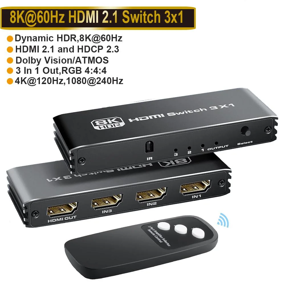 Jansicotek Jansicotek OZQ1-1A 3-in-1-out HDMI 2.1 video switch 8K@60Hz 4K@120Hz 48Gbps remote — product photo