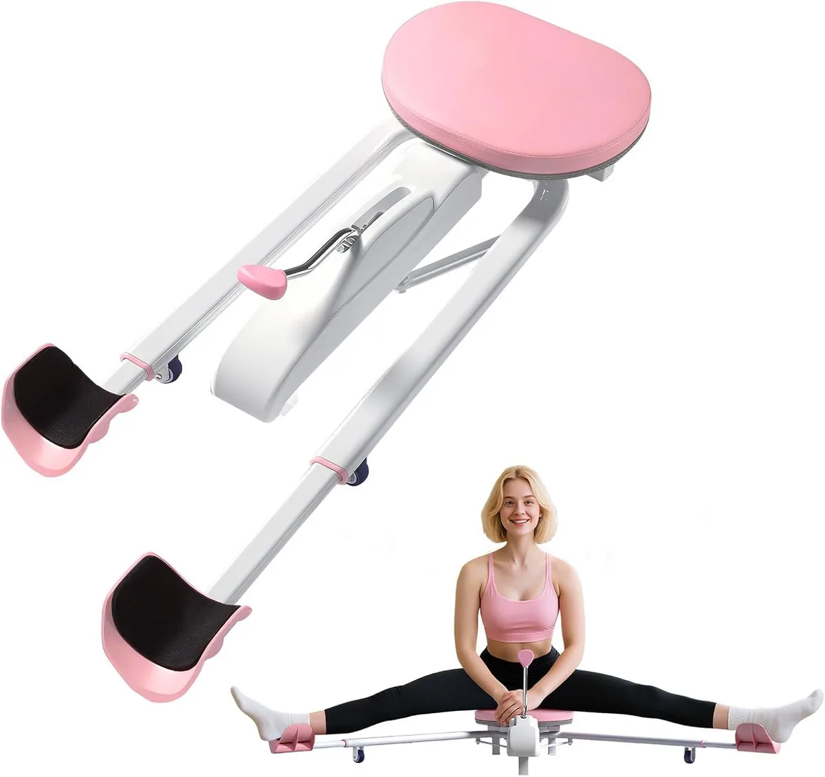 Black metal leg stretcher with padded seat, foot pads and lever control