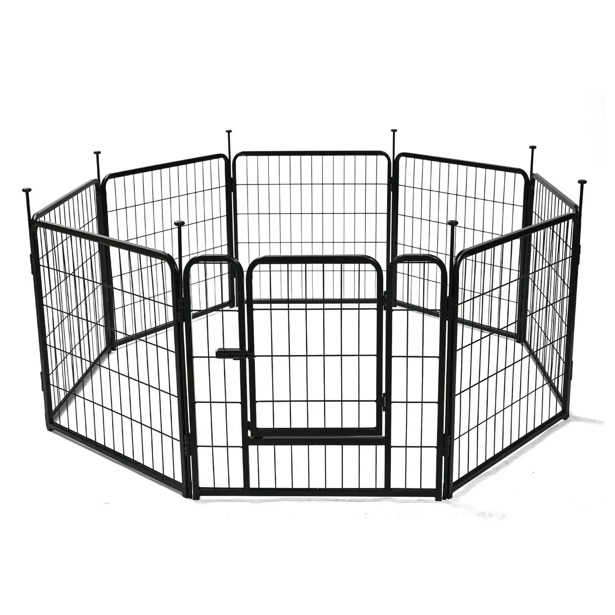 Black metal dog playpen with eight rectangular panels and a door, folded flat for storage