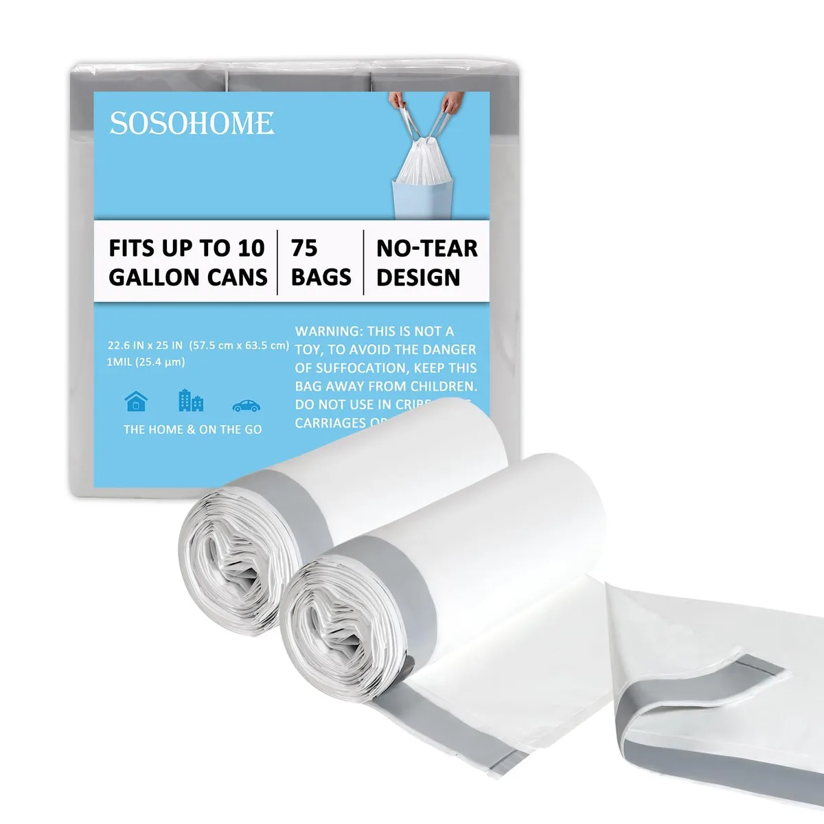 White 10 gallon drawstring trash bags, 75 count roll pack