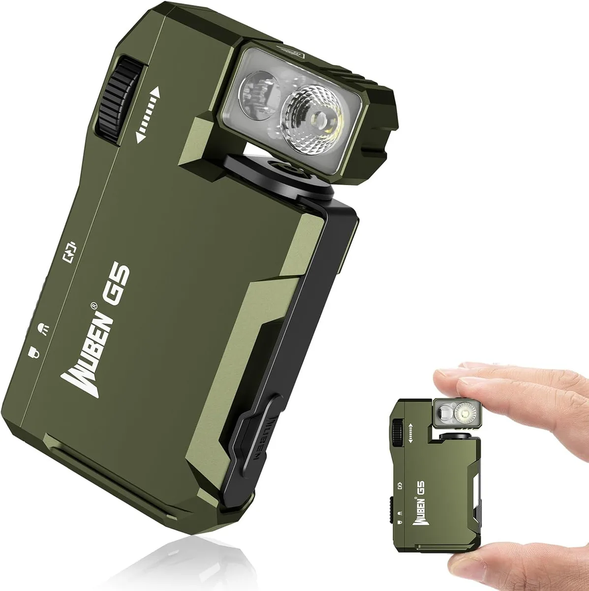 Flat green EDC flashlight with rotatable head clip and magnetic base