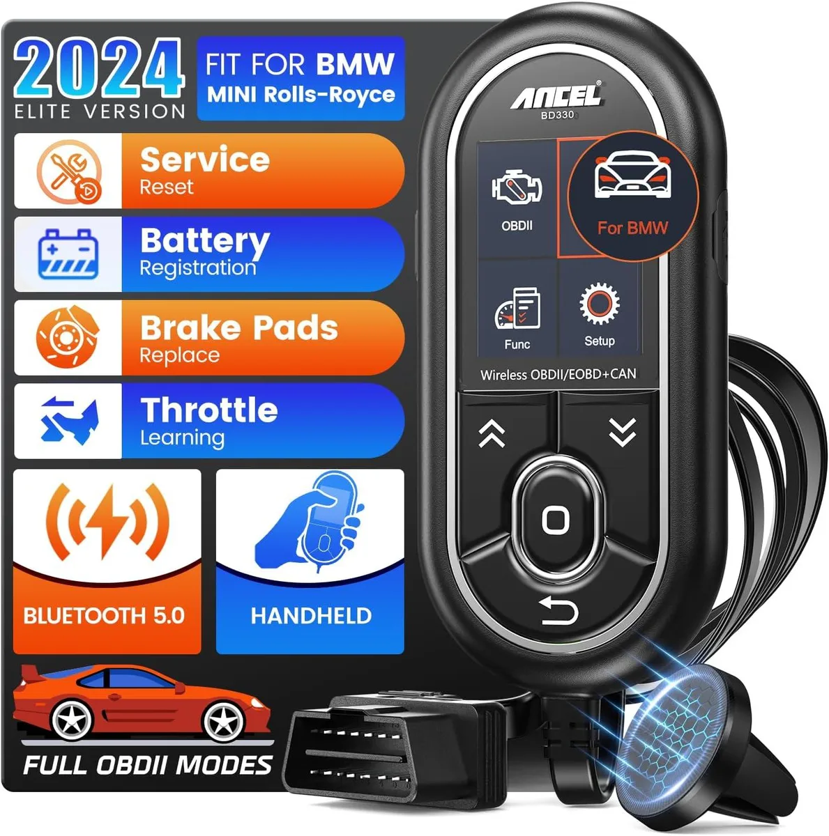 Compact OBD2 scanner with Bluetooth and wired modes, heads-up design, black plastic housing